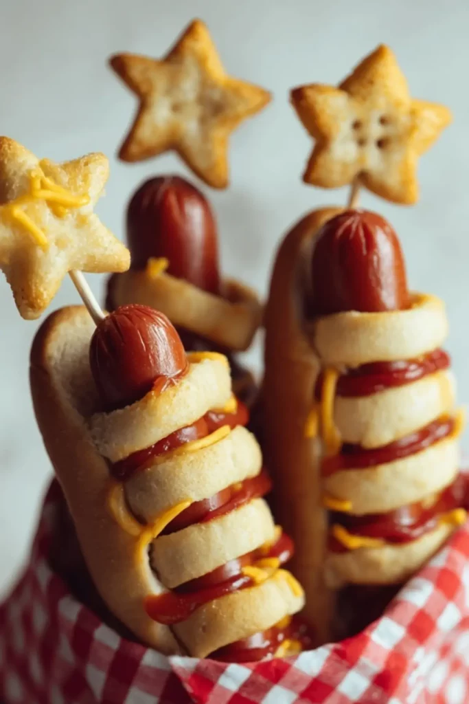 4th of July Firecracker Dogs recipe with skewers and cheese stars"