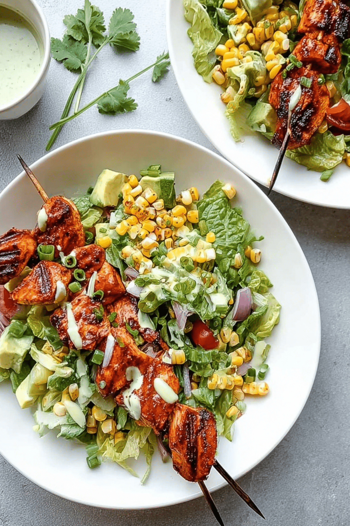 BBQ Chicken Skewer Salad with grilled chicken and fresh veggies