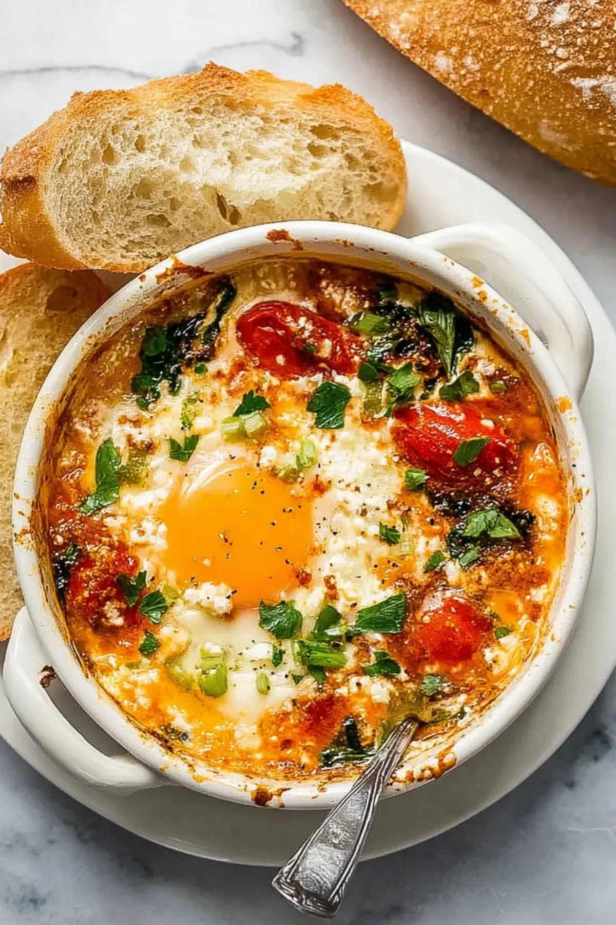 Baked Feta Eggs Recipe with feta cheese, tomatoes, and eggs