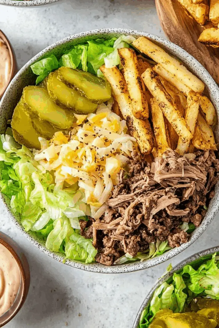 burger bowls with crispy potatoes, beef mince, lettuce, and homemade sauce