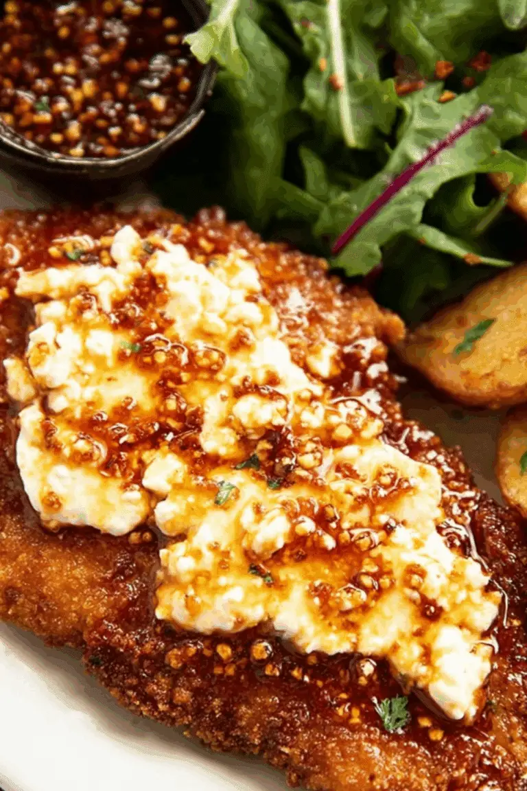 crispy hot honey feta chicken with creamy feta and spicy honey drizzle