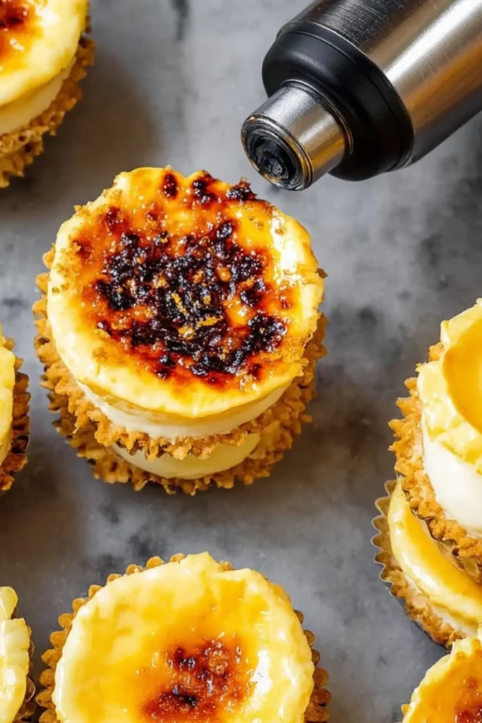 Crème Brûlée Cheesecake Cupcakes with caramelized sugar topping