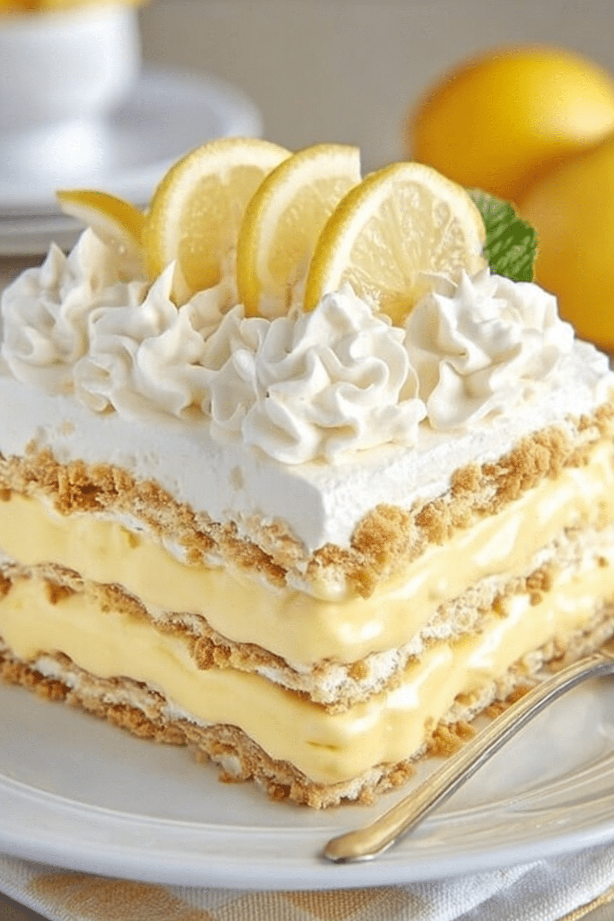 No-Bake Lemon Éclair Cake with layers of graham crackers, lemon pudding, and frosting