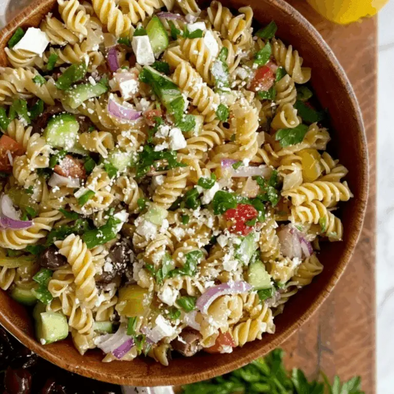 Mediterranean Pasta Salad with fresh veggies and goat cheese