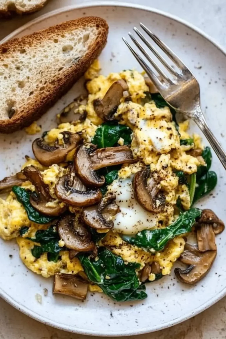 Mushroom-Spinach Scrambled Eggs served in a skillet with fresh vegetables