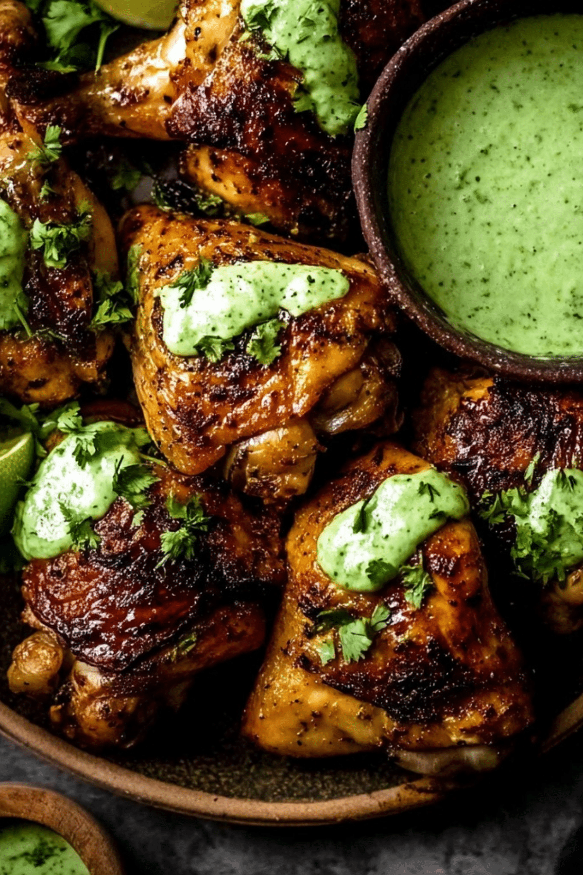 Peruvian Chicken with Green Sauce served on a plate with fresh vegetables.
