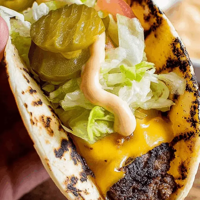 Smash Burger Tacos served with homemade sauce, lettuce, and pickles