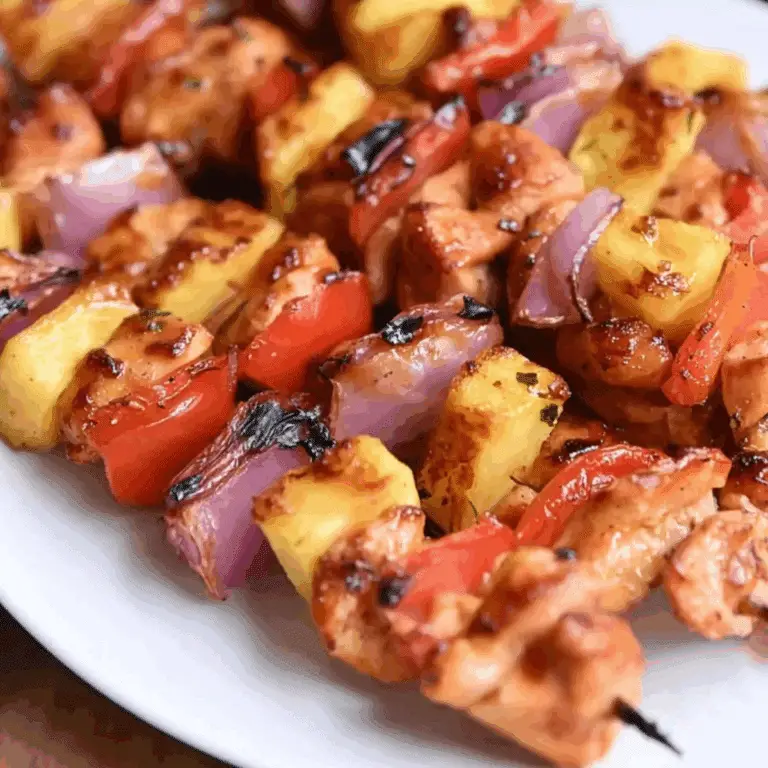 BBQ pineapple chicken kabobs on skewers with grilled vegetables and pineapple