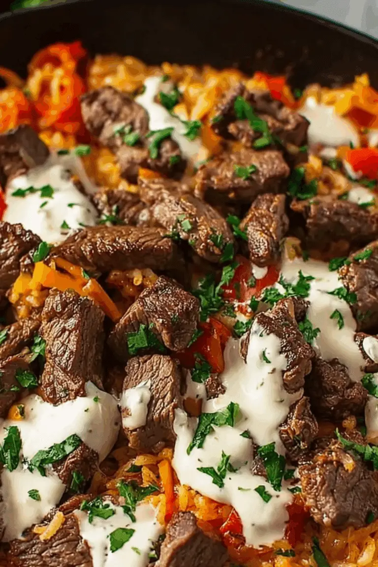steak queso rice served with creamy sauce and toppings