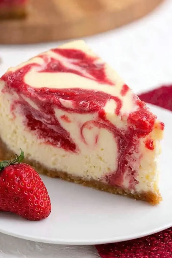 Strawberry Swirl Cheesecake topped with fresh strawberry puree