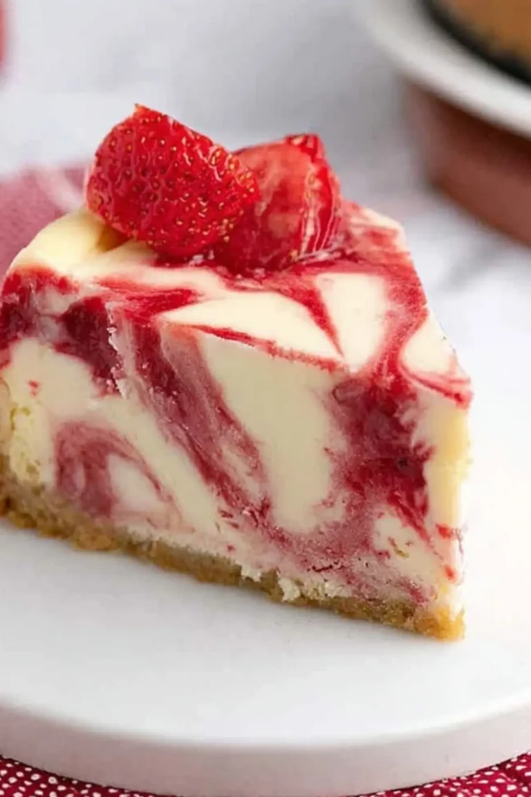 Strawberry Swirl Cheesecake topped with fresh strawberry puree