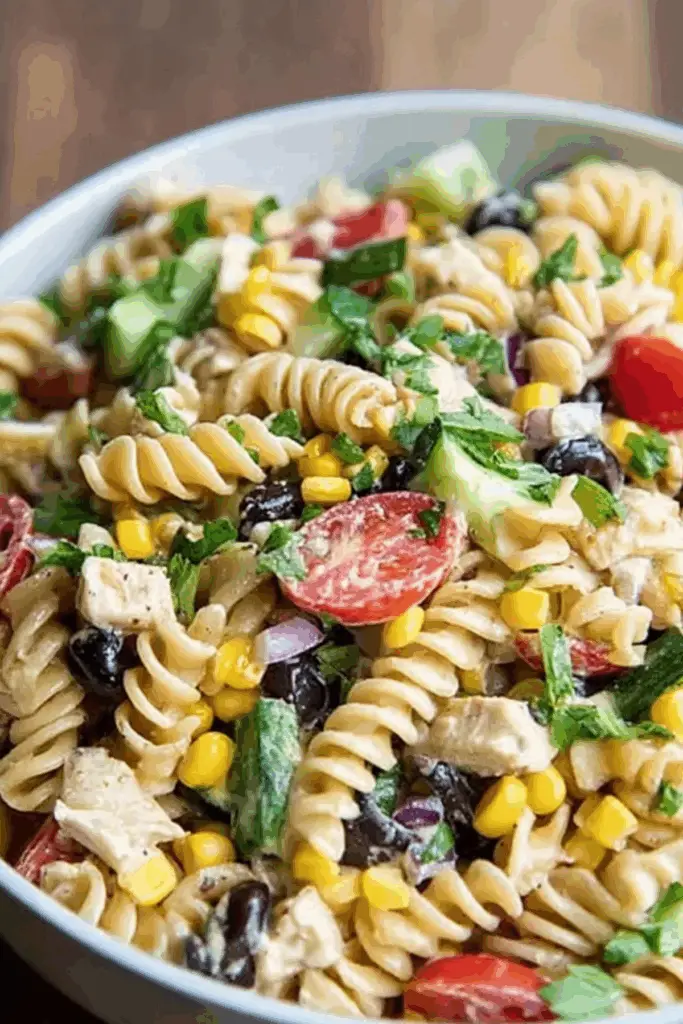 A colorful vegetable pasta salad with fresh vegetables, perfect for summer meals.