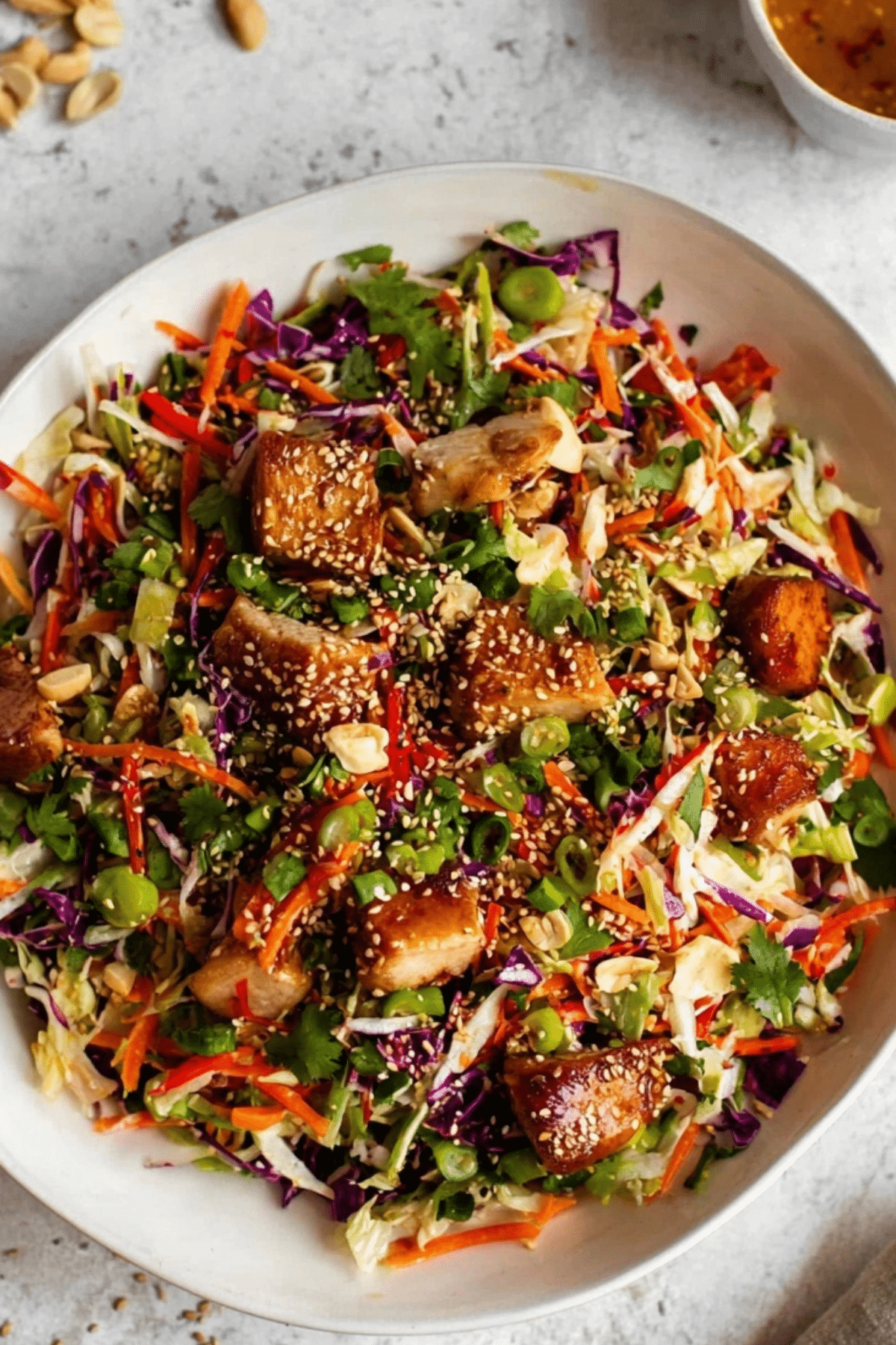 Asian Chicken Crunch Salad with fresh veggies and peanut dressing