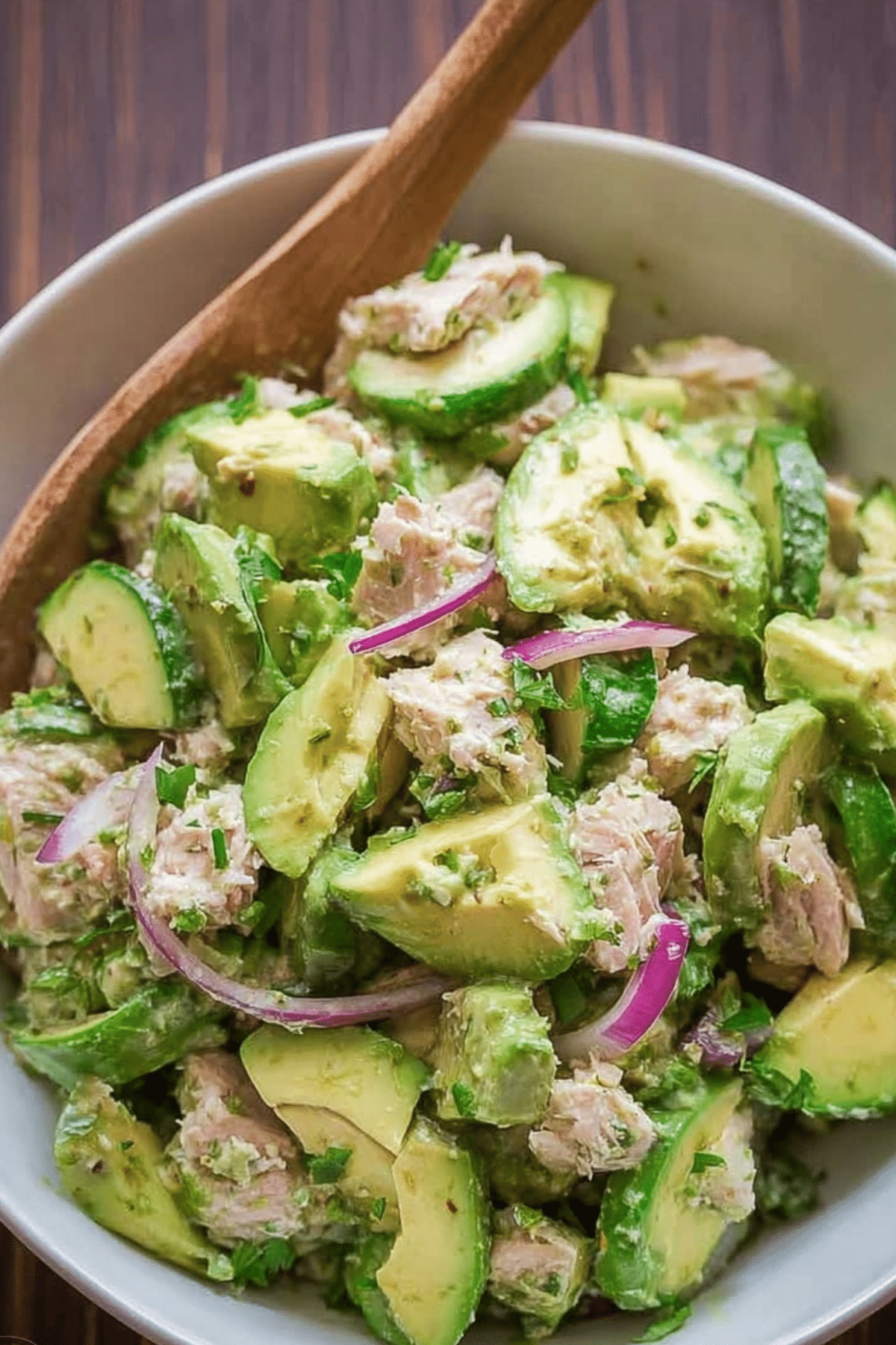 Avocado Tuna Salad Recipe with fresh cucumber and red onion