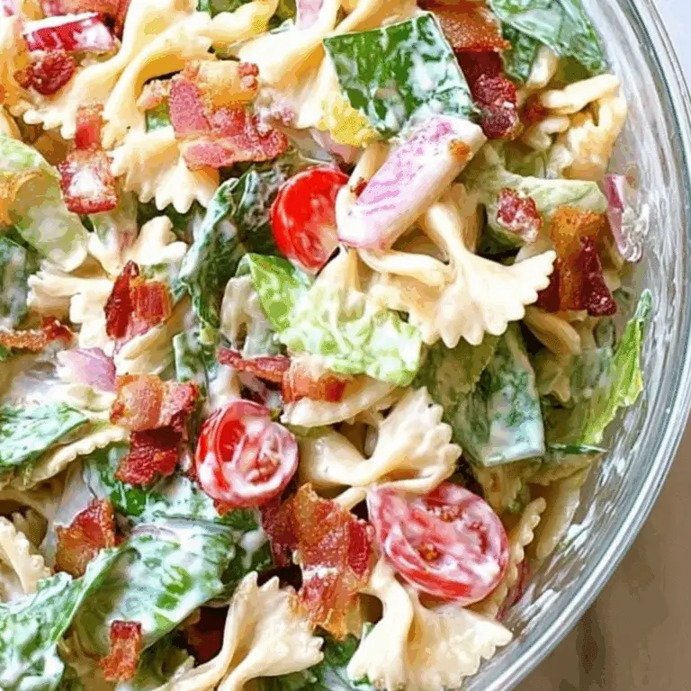 BLT Pasta Salad Recipe with crispy bacon and creamy dressing