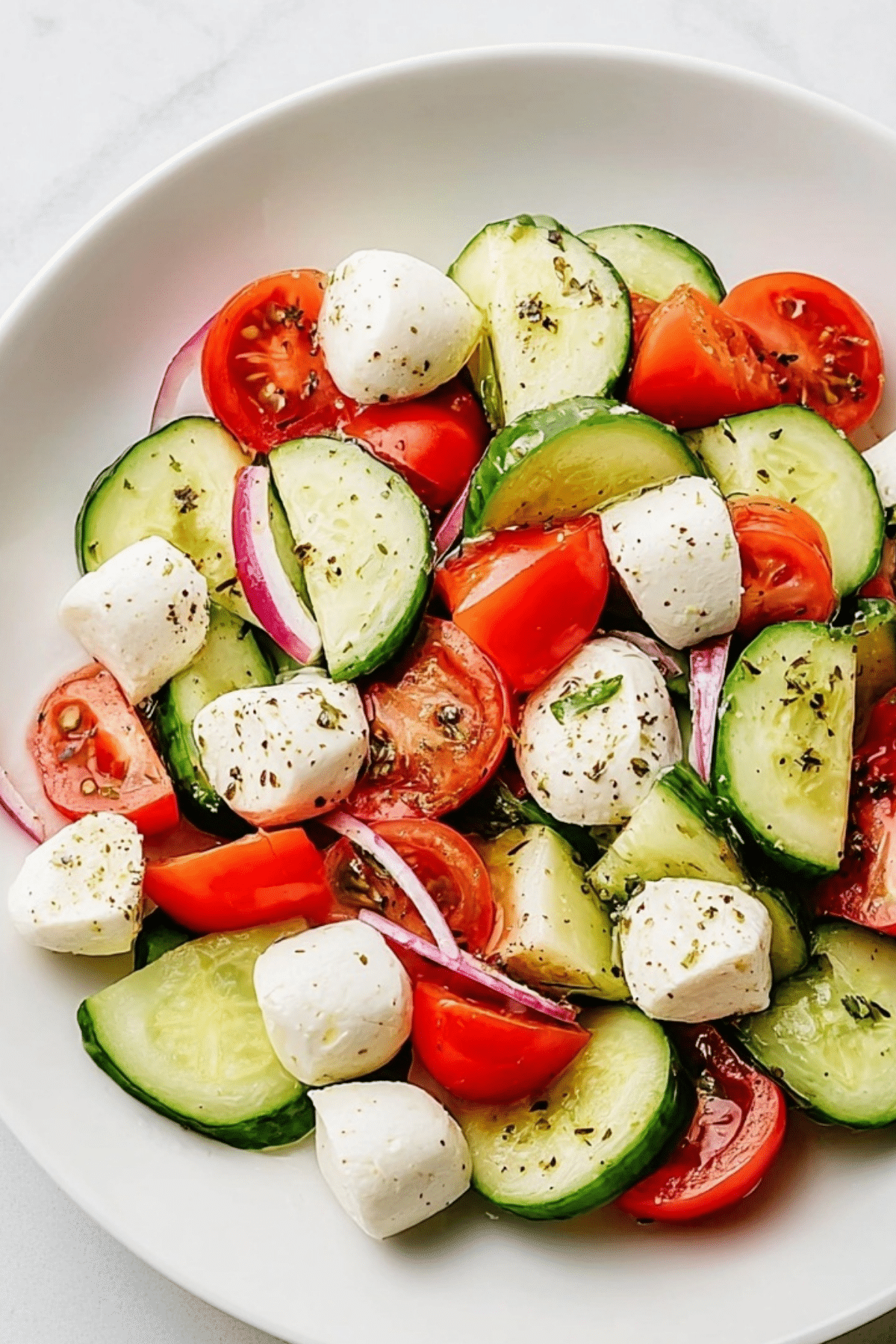 Cucumber Caprese Salad with fresh mozzarella and cherry tomatoes