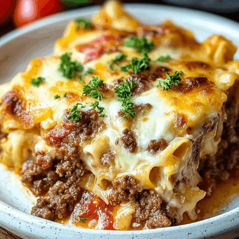 Beef Lombardi Casserole served with melted cheese on top