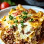 Beef Lombardi Casserole served with melted cheese on top