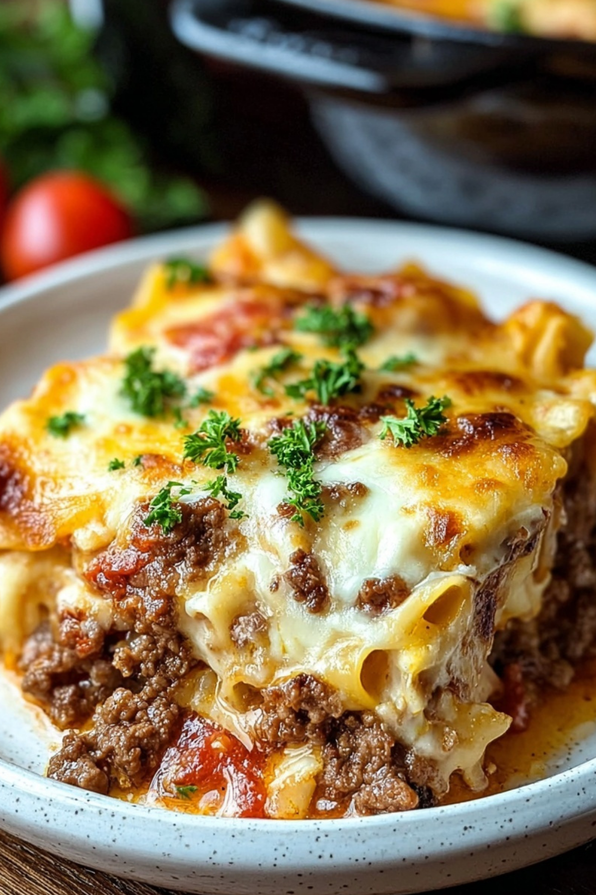 Beef Lombardi Casserole served with melted cheese on top