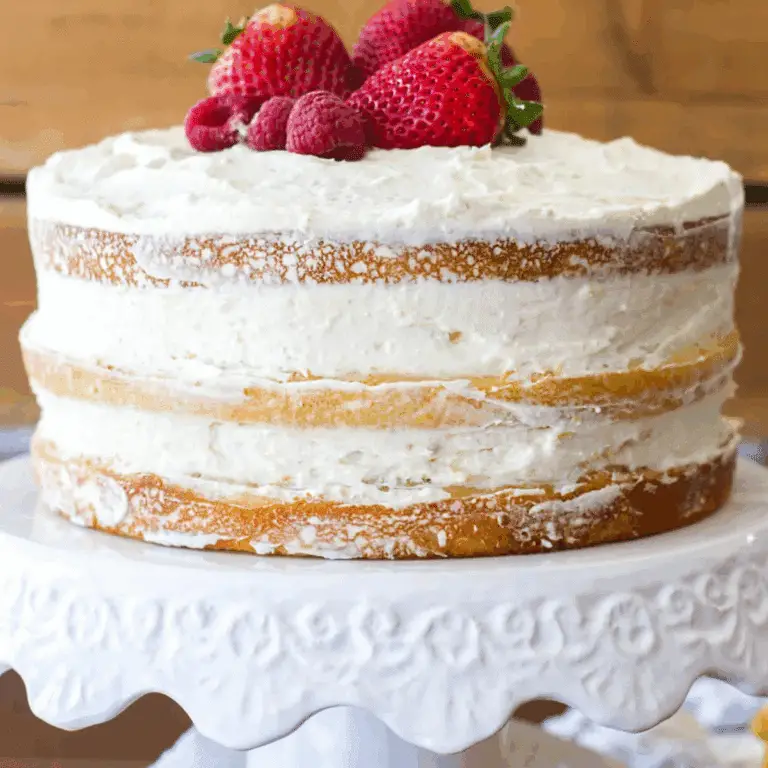 Berry Vanilla Naked Cake with lemon whipped cream and fresh berries