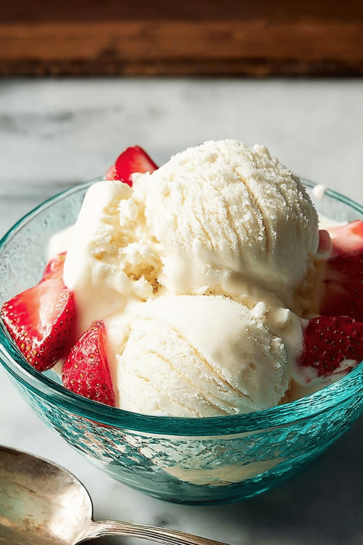 Homemade Vanilla Ice Cream in bowl with creamy texture