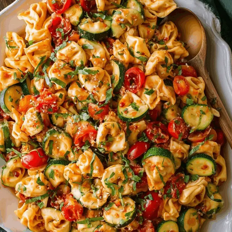 Cheese Tortellini with vegetables in marinara sauce with fresh basil