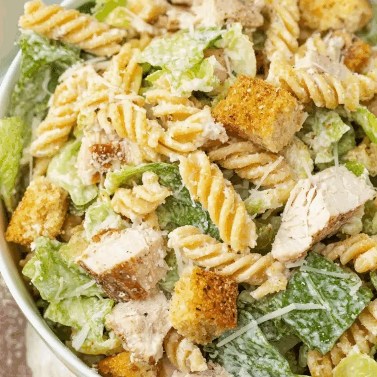 Chicken Caesar Pasta Salad with rotini, romaine, and Caesar dressing