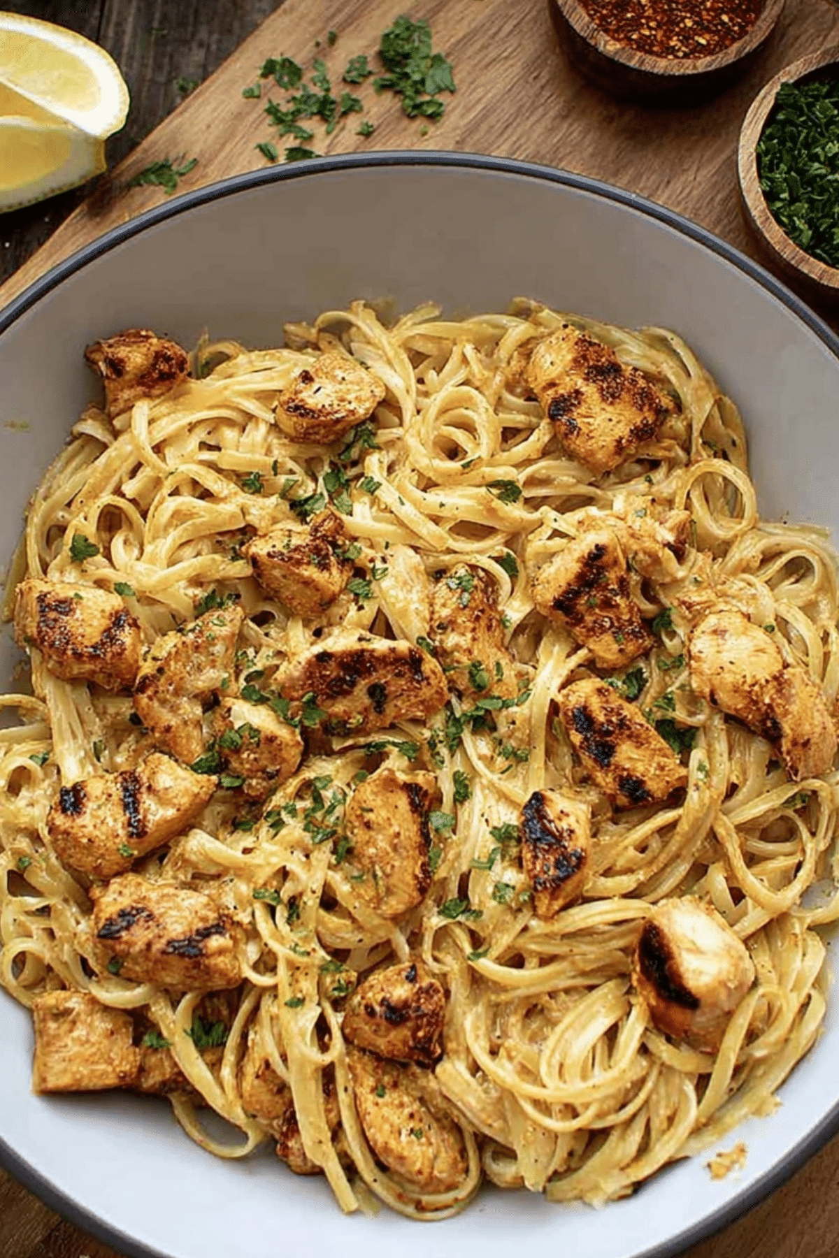 Cowboy Butter Chicken Linguine served in creamy cowboy sauce