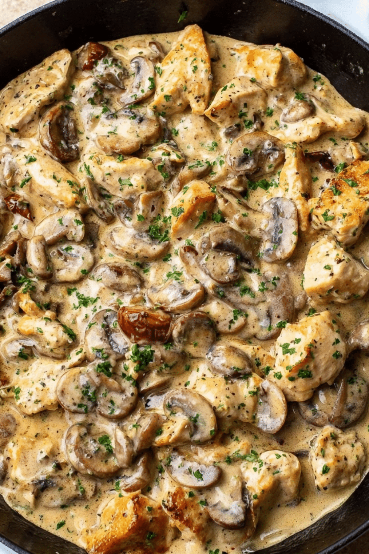 Creamy Chicken Stroganoff served over egg noodles with mushrooms and sauce