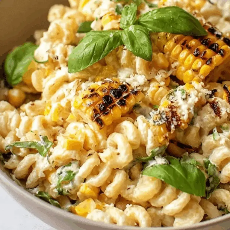 Creamy Street Corn Pasta Salad with charred corn, creamy dressing, and fresh herbs