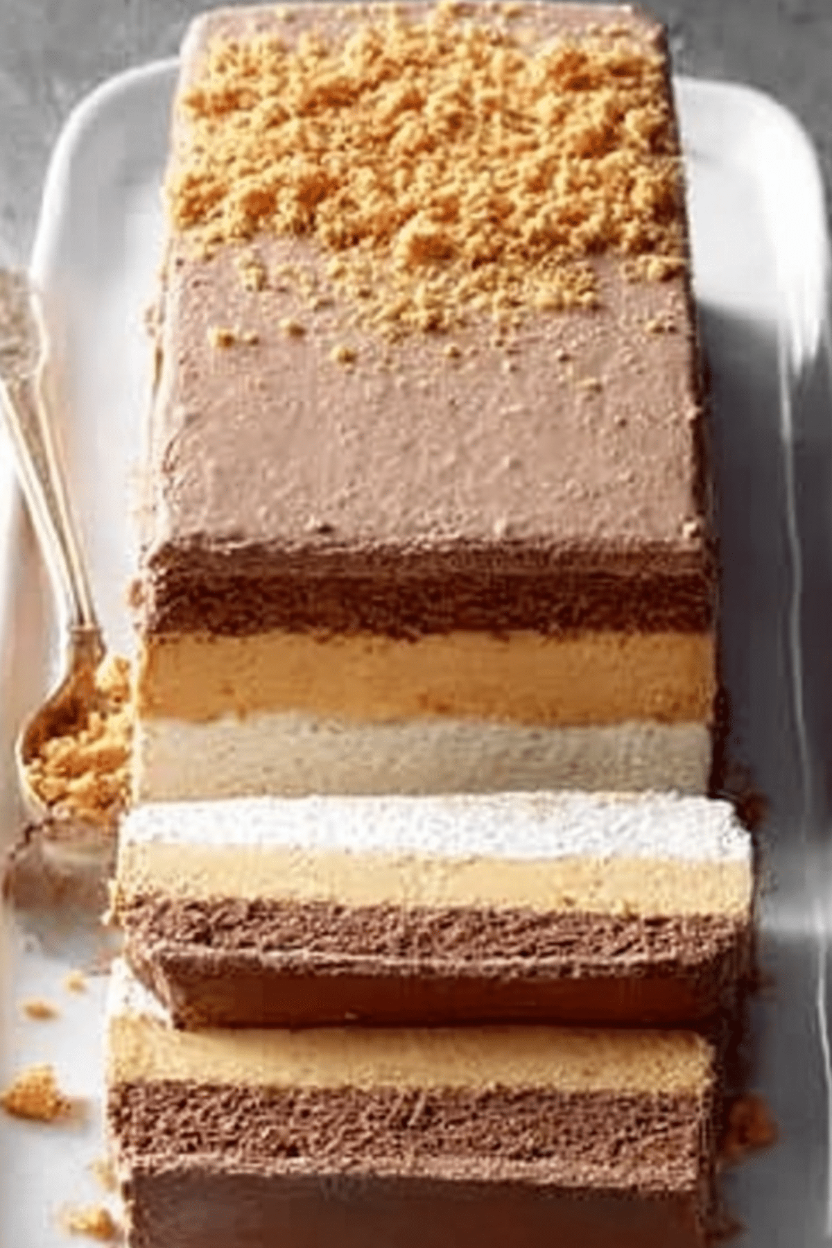 Frozen Peanut Butter and Chocolate Terrine with layers of peanut butter, chocolate, and banana