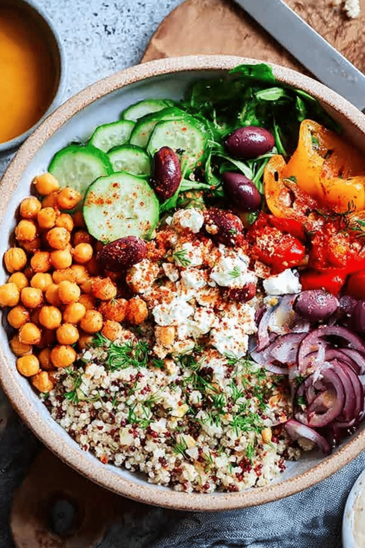 Mediterranean Bowl with quinoa, roasted chickpeas, and fresh vegetables