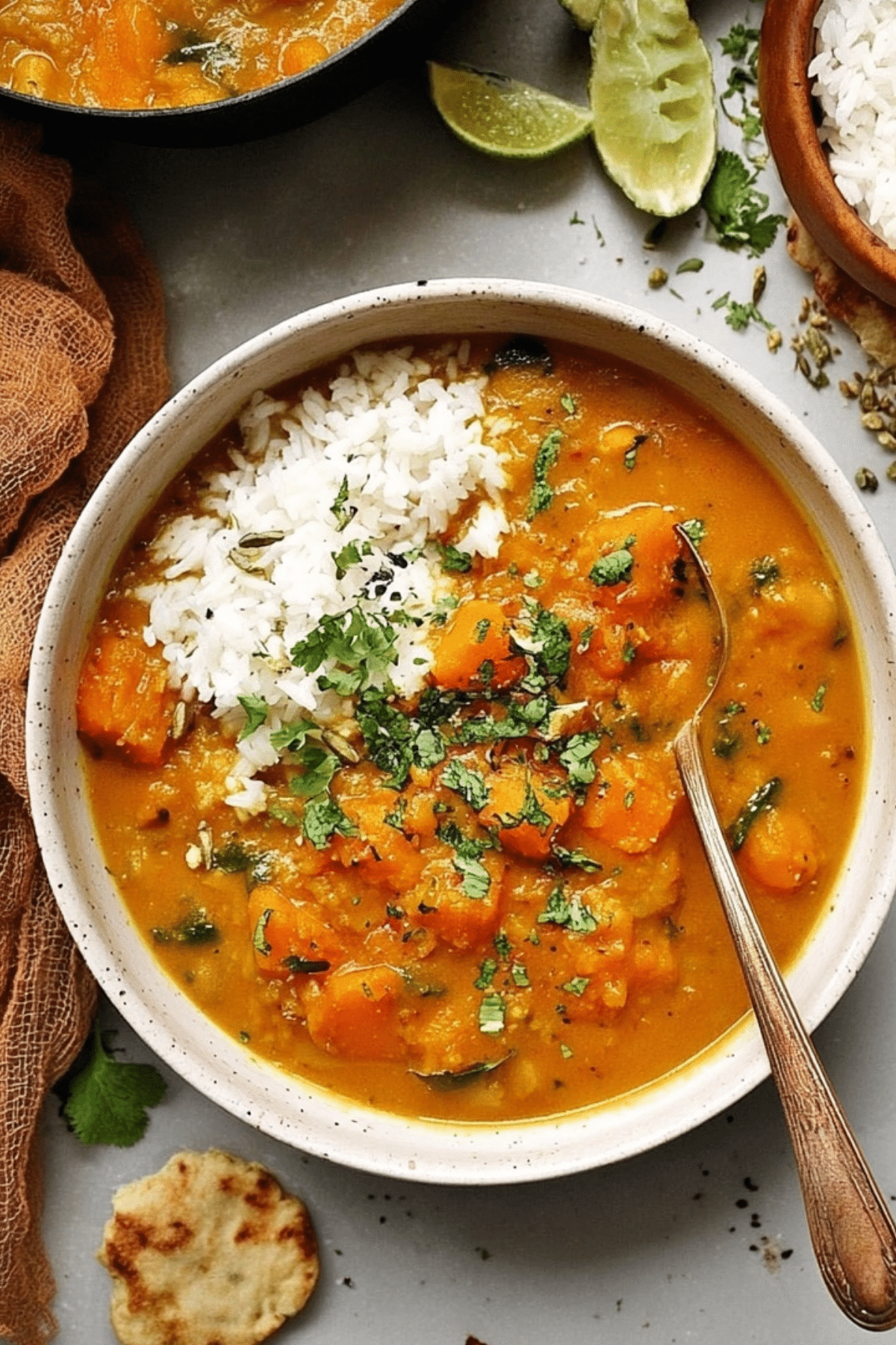 Indian pumpkin curry in a bowl with rice and fresh herbs