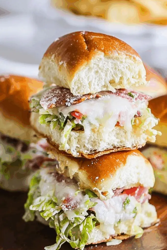 Italian Grinder Sliders with meats, cheese, and tangy salad on Hawaiian rolls