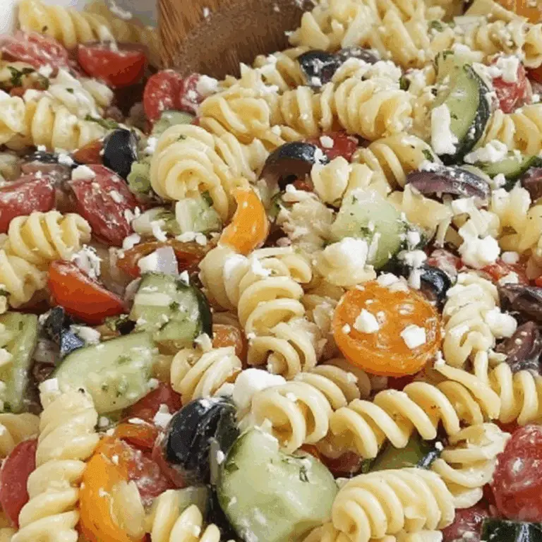 Italian Pasta Salad with rotini, feta, and vegetables in Italian dressing