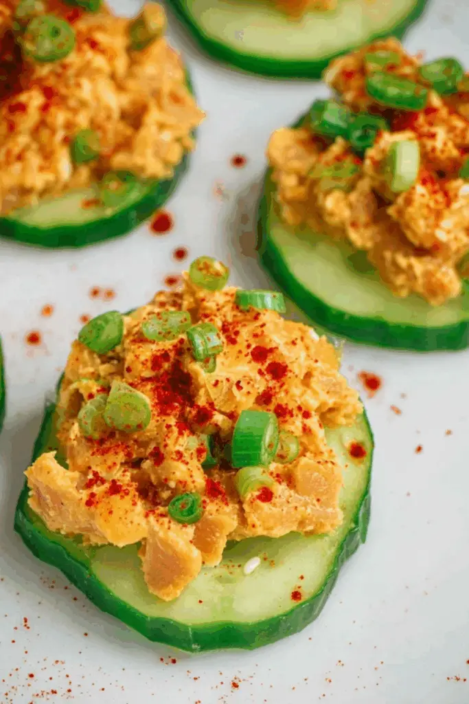 Japanese Style Spicy Tuna Salad served over sliced cucumbers