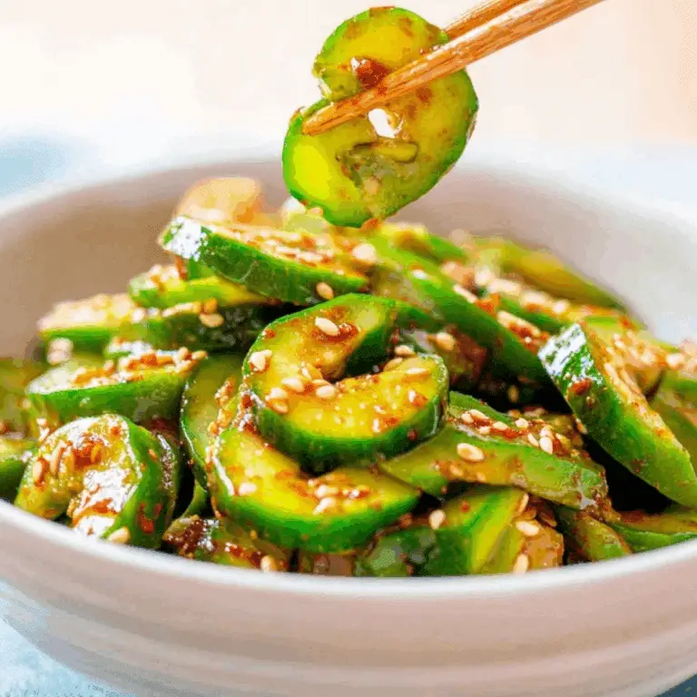Korean Cucumber Salad in bowl with chili oil and sesame seeds