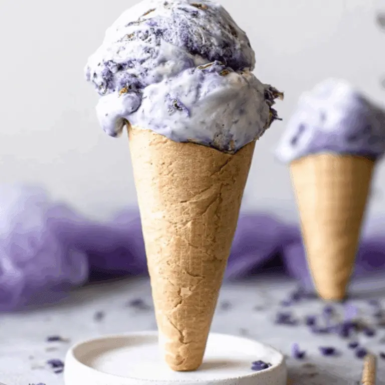 lavender earl grey ice cream with marbled swirl in loaf pan