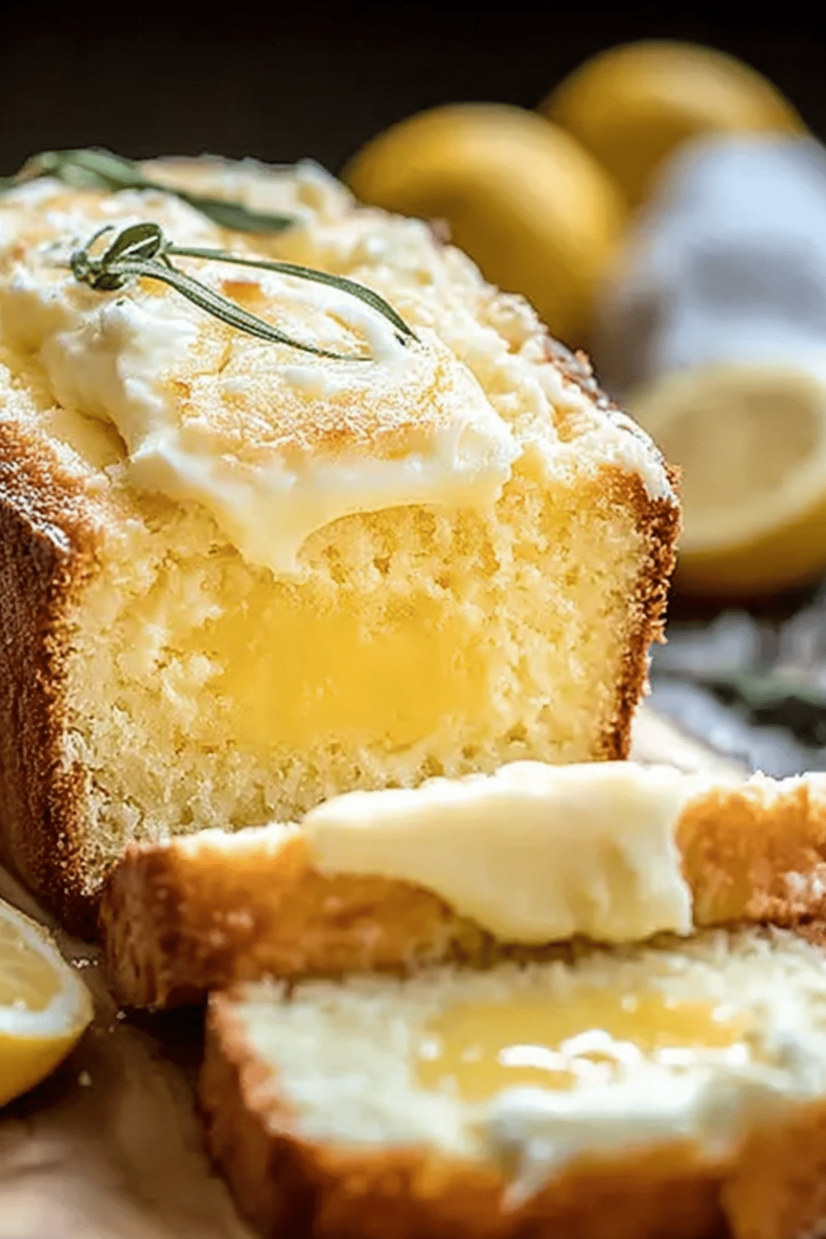 Lemon Cream Cheese Bread served with a slice on a plate.