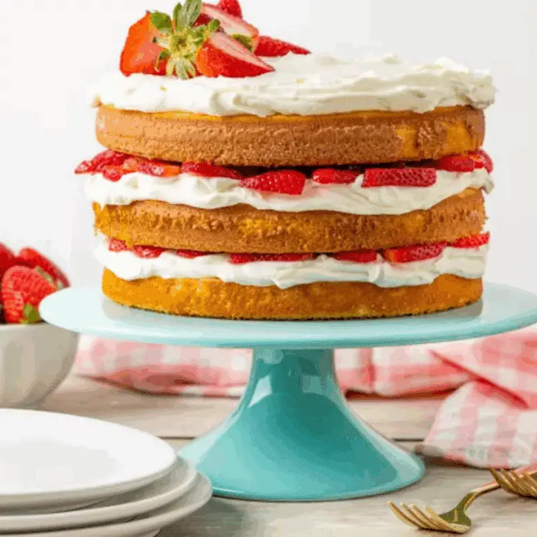 Layered Strawberry Shortcake Cake with whipped cream and fresh berries