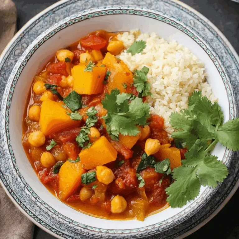 Moroccan Pumpkin & Chickpea Stew in a bowl with fresh cilantro