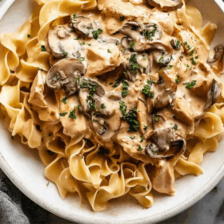 One Pan Chicken Stroganoff with creamy sauce and chicken breast