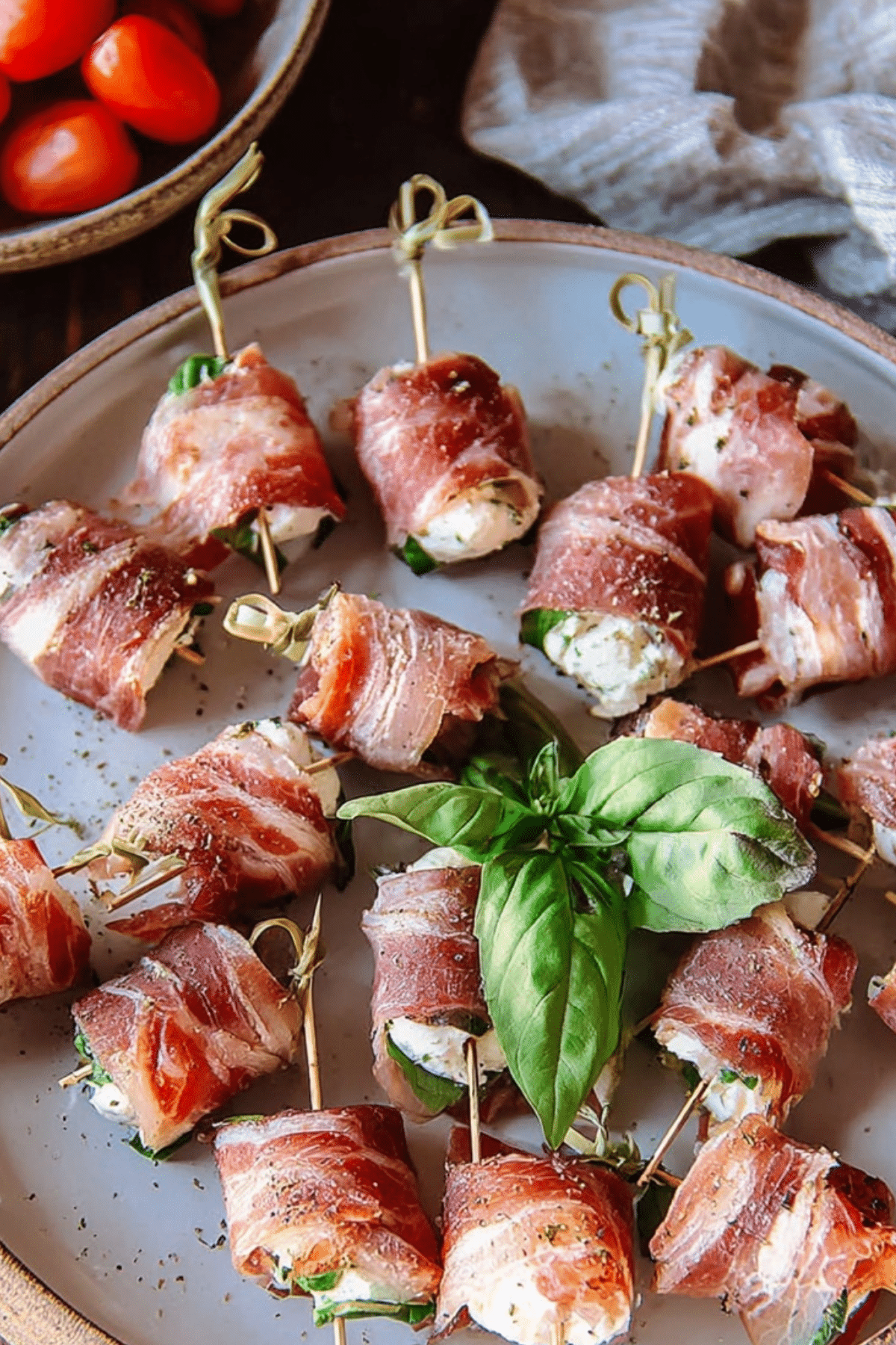 Prosciutto Wrapped Mozzarella Bites with basil and balsamic glaze