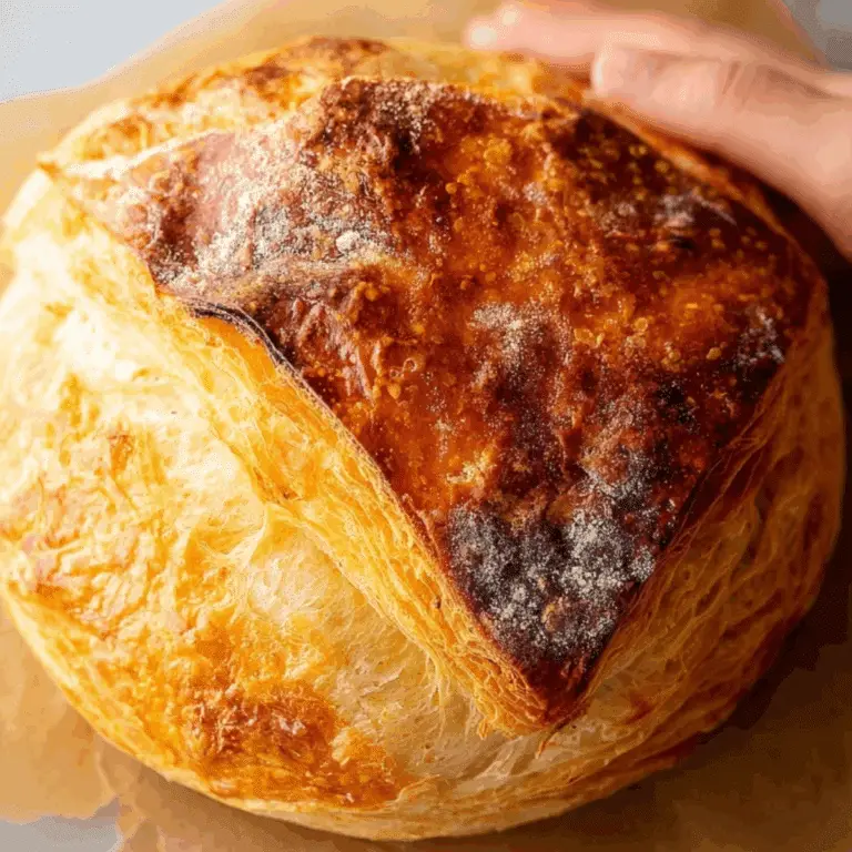 freshly baked sourdough croissant bread with flaky golden crust