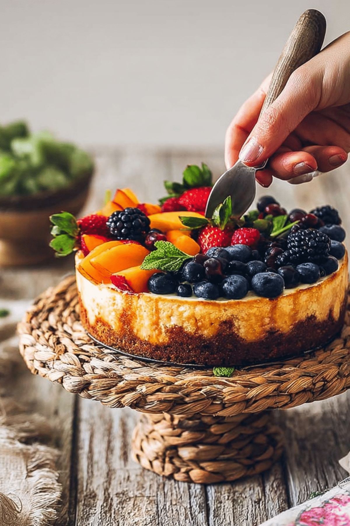 Summer Berry and Peach Cheesecake with fresh peaches and blueberries