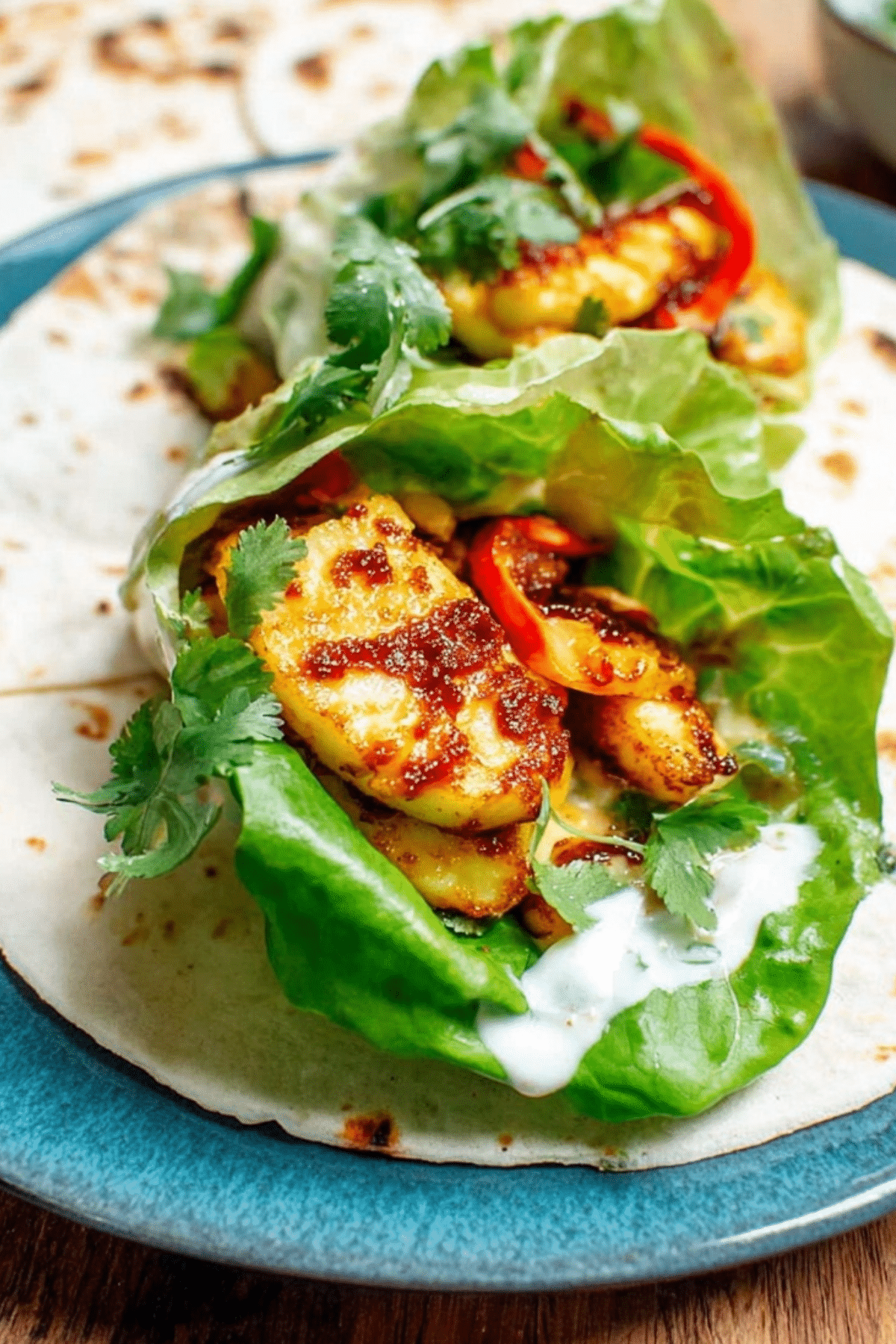 Sweet Chili Halloumi Wraps with fresh veggies and tzatziki sauce