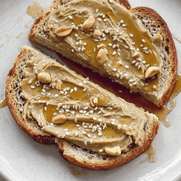 Tahini Honey Toast topped with sesame seeds and honey drizzle