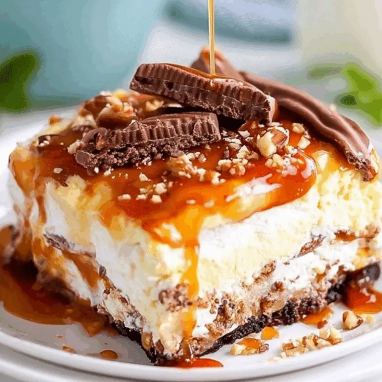 5 Layer Turtle Lasagna with creamy filling, caramel drizzle, and chocolate topping