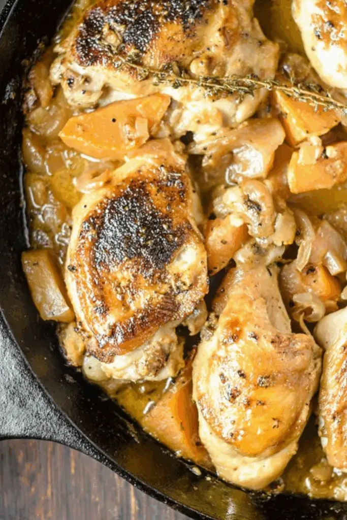 Apple Cider Chicken with Butternut Squash in a skillet