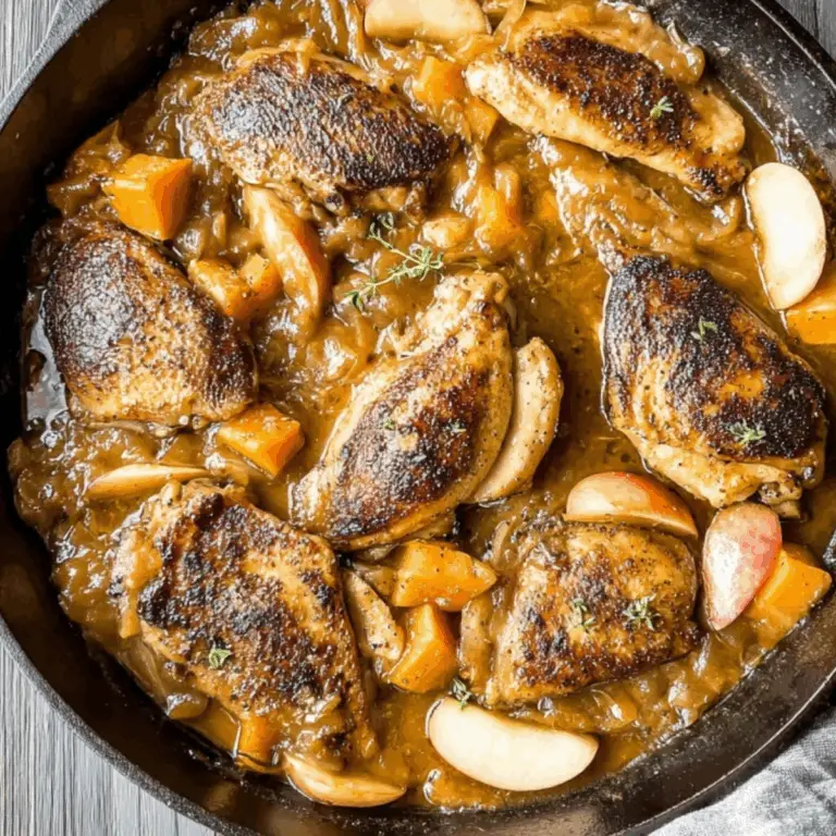 Apple Cider Chicken with Butternut Squash in a skillet